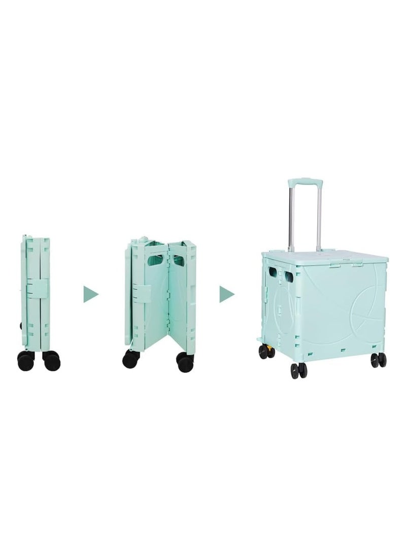 Foldable Utility Rolling Cart – Heavy Duty 4-Wheel Collapsible Trolley with Telescoping Handle & 48L Capacity for Groceries, Travel, Office & Outdoor Use,Green