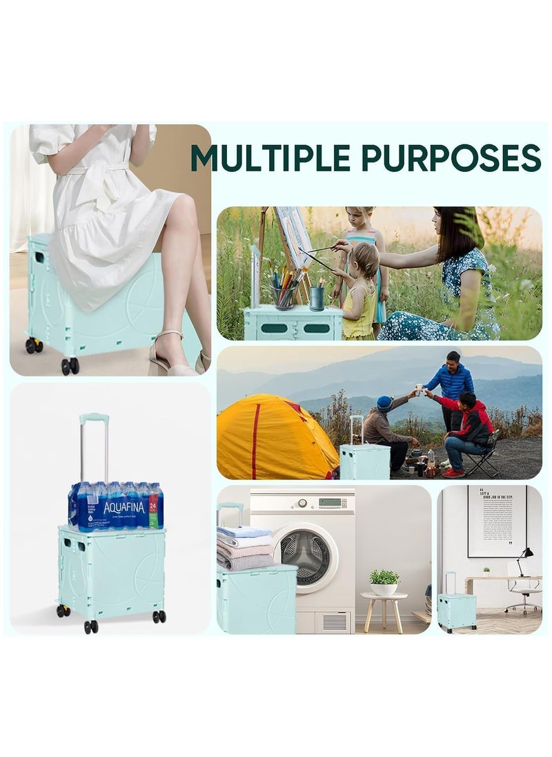 Foldable Utility Rolling Cart – Heavy Duty 4-Wheel Collapsible Trolley with Telescoping Handle & 48L Capacity for Groceries, Travel, Office & Outdoor Use,Green