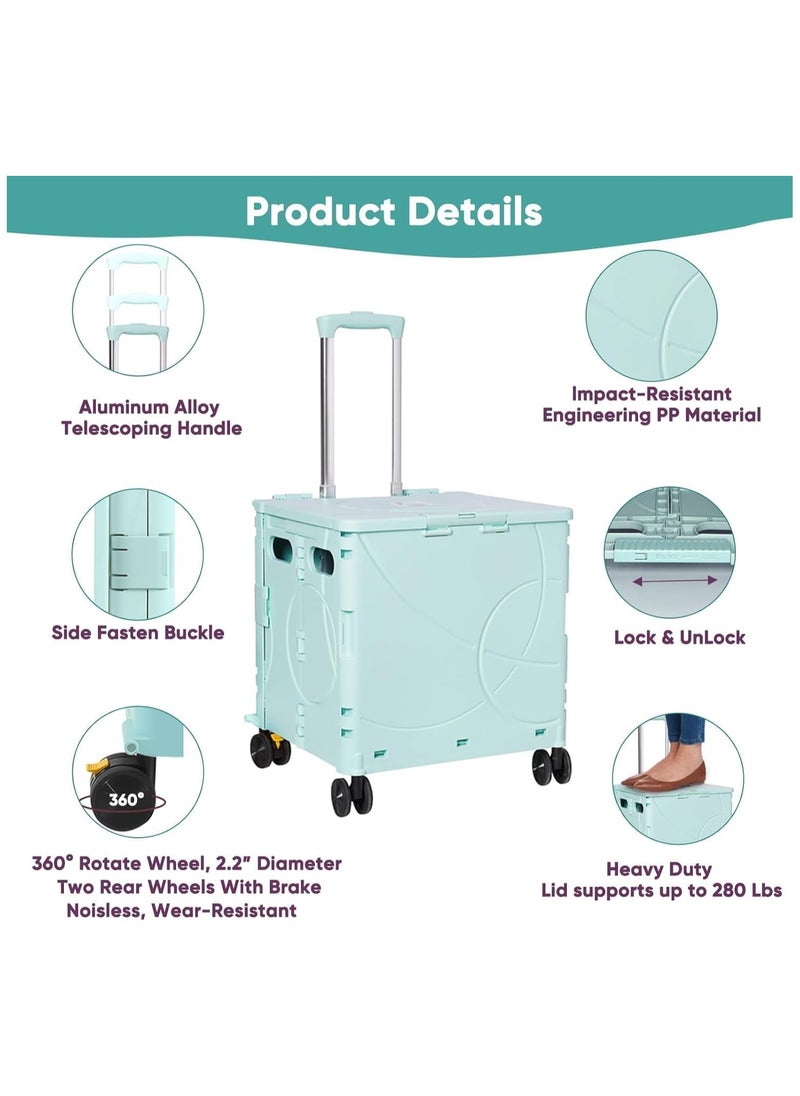 Foldable Utility Rolling Cart – Heavy Duty 4-Wheel Collapsible Trolley with Telescoping Handle & 48L Capacity for Groceries, Travel, Office & Outdoor Use,Green