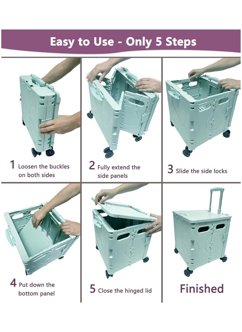 Foldable Utility Rolling Cart – Heavy Duty 4-Wheel Collapsible Trolley with Telescoping Handle & 48L Capacity for Groceries, Travel, Office & Outdoor Use,Green