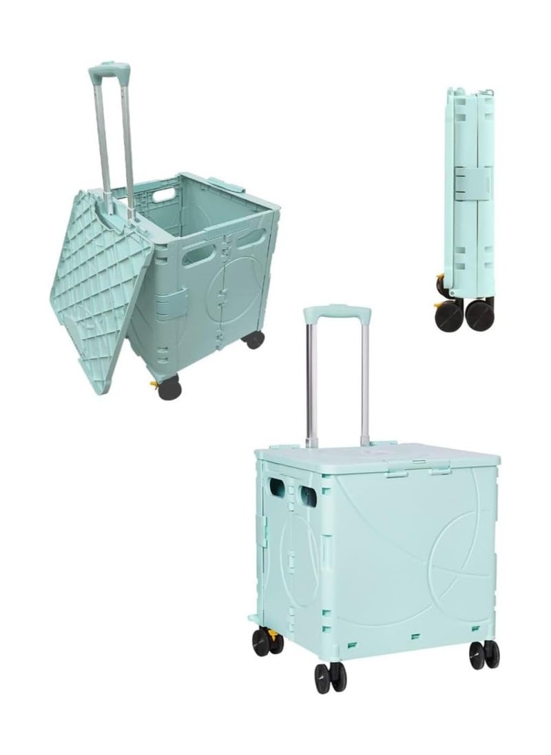 Foldable Utility Rolling Cart – Heavy Duty 4-Wheel Collapsible Trolley with Telescoping Handle & 48L Capacity for Groceries, Travel, Office & Outdoor Use,Green