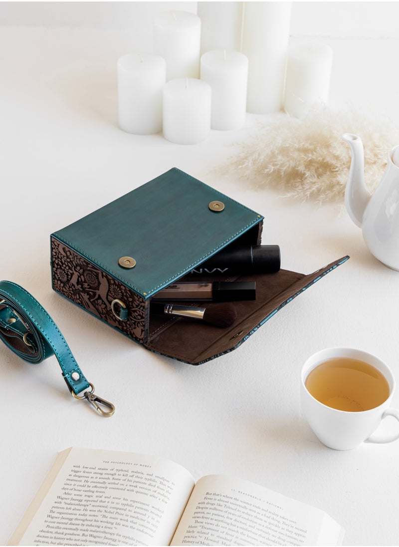 FABRICAKRAFT Verde Fauna Carved Messenger Bag with Vegetable Tanned Genuine Leather and Teak Wood