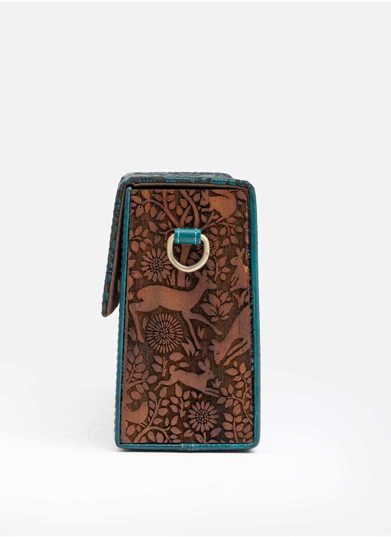 FABRICAKRAFT Verde Fauna Carved Messenger Bag with Vegetable Tanned Genuine Leather and Teak Wood