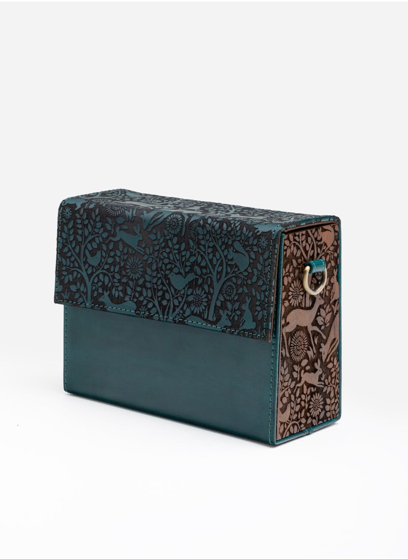 FABRICAKRAFT Verde Fauna Carved Messenger Bag with Vegetable Tanned Genuine Leather and Teak Wood