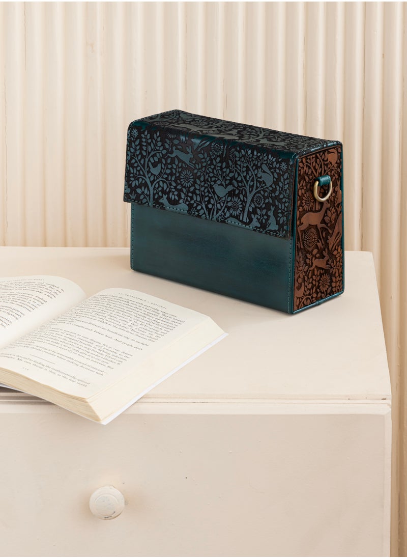 FABRICAKRAFT Verde Fauna Carved Messenger Bag with Vegetable Tanned Genuine Leather and Teak Wood