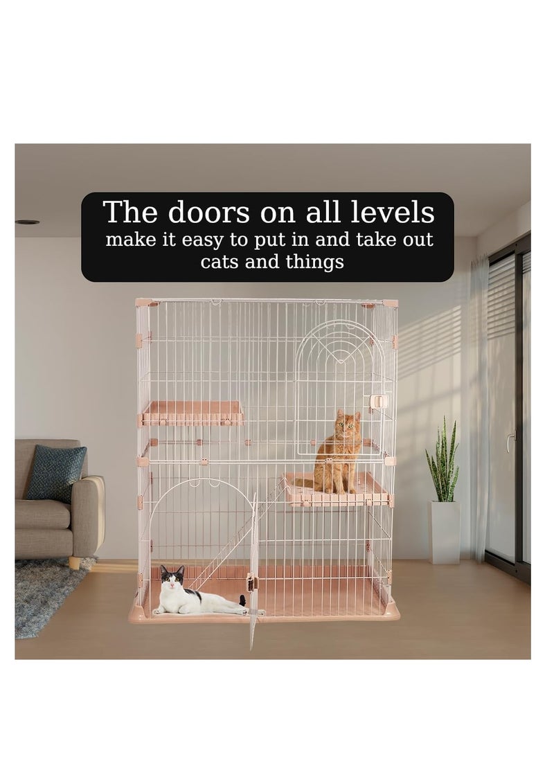 Pink Large Cat Cage - Durable Design with 2 Large Arched Doors, Spring Door Lock, Double Layer Partition, 2 Widened Floors, and Cat Ladder, Easy to Assemble, 117 cm (Pink)