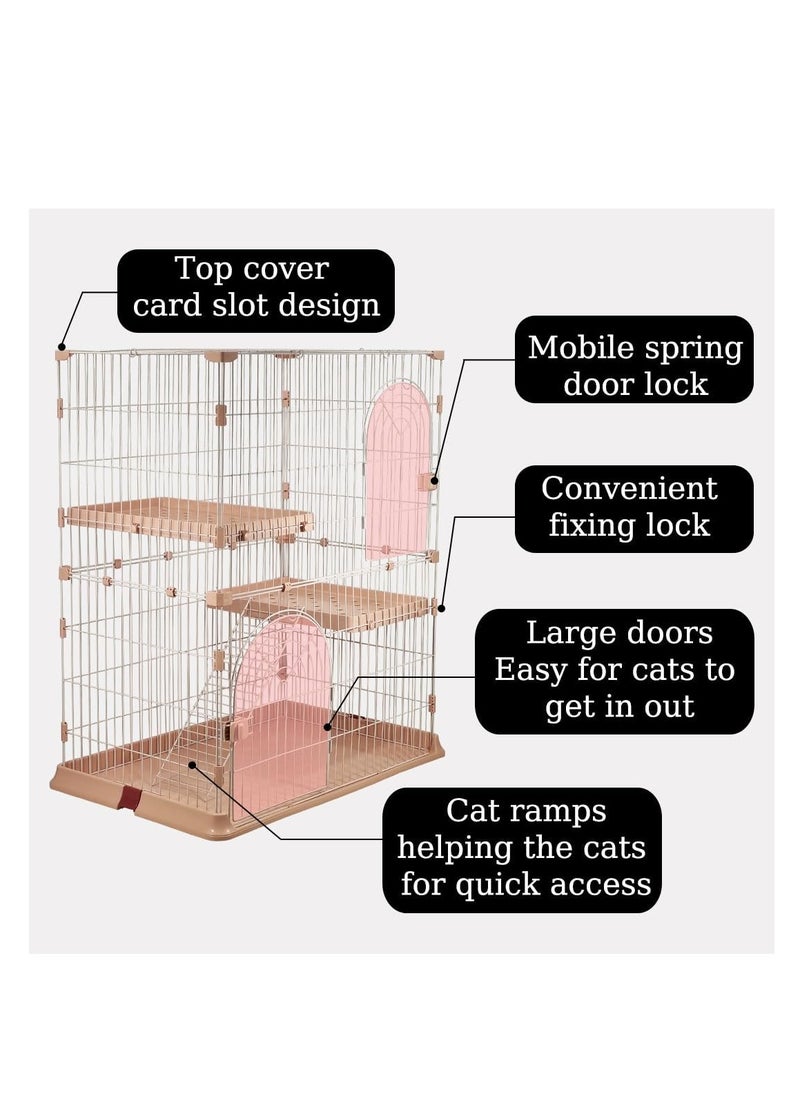 Pink Large Cat Cage - Durable Design with 2 Large Arched Doors, Spring Door Lock, Double Layer Partition, 2 Widened Floors, and Cat Ladder, Easy to Assemble, 117 cm (Pink)