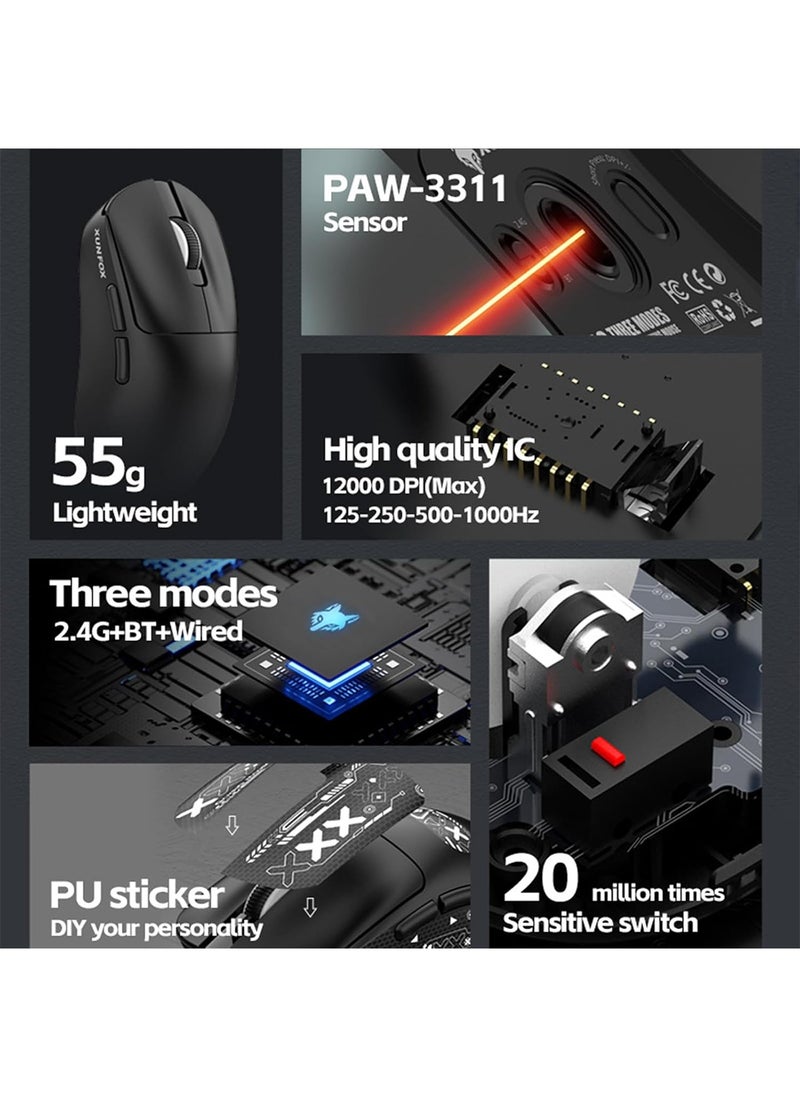 [1+1] Upgraded Lightweight Wireless Gaming Mouse, with 1 Set Anti Slip/Anti Sweat Mouse Sticker, 12000 DPI(Max), 3 Custom Connection Modes 2.4G+BT+Wired, Super Sensitive Infrared Sensor Gaming Mouse (Black)