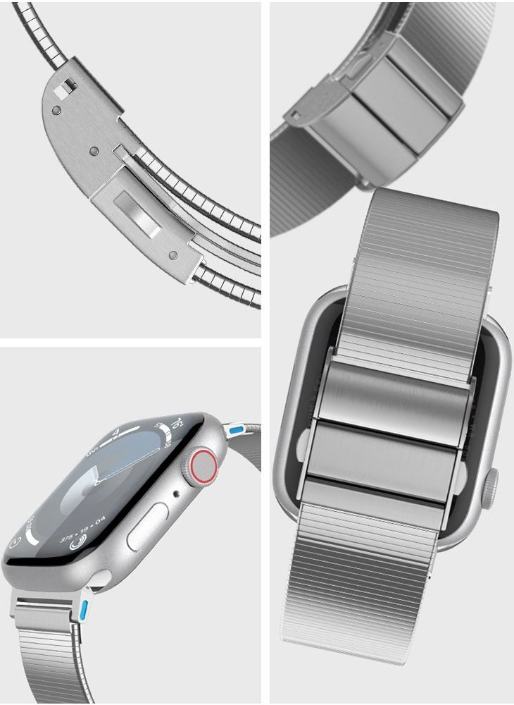 Sleek Link Apple Watch Band for Apple Watch Ultra 2/1 49mm, Series 10 46mm, 9/8/7 45mm, SE2/SE/6/5/4 44mm, 3/2/1 42mm Adjustable Stainless Steel Band Strap - Silver