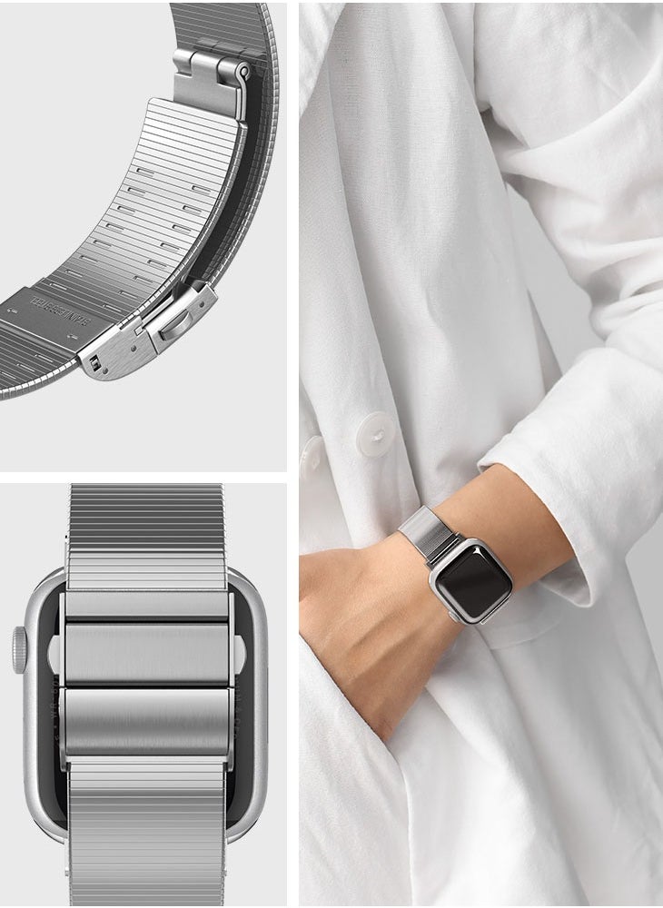 Sleek Link Apple Watch Band for Apple Watch Ultra 2/1 49mm, Series 10 46mm, 9/8/7 45mm, SE2/SE/6/5/4 44mm, 3/2/1 42mm Adjustable Stainless Steel Band Strap - Silver