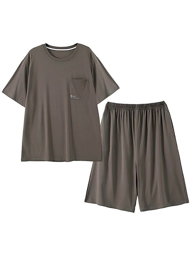 Men's 100% Cotton Soft Lounge Set - Breathable Anti-Bacterial Homewear & Outdoor Casual Short Sleeve T-Shirt + Pants（XXL）