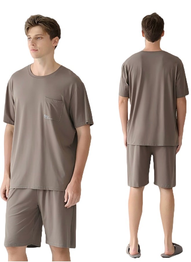 Men's 100% Cotton Soft Lounge Set - Breathable Anti-Bacterial Homewear & Outdoor Casual Short Sleeve T-Shirt + Pants（XXL）