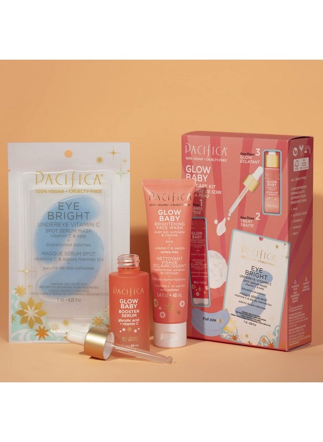 Pacifica Beauty | Glow Baby Vitamin C Trial + Value Kit | 3-Piece Skin Care Gift Set | Travel Friendly | Brightening Face Serum, Face Wash/Cleanser, Under Eye Patches | Glycolic Acid, AHA | Vegan