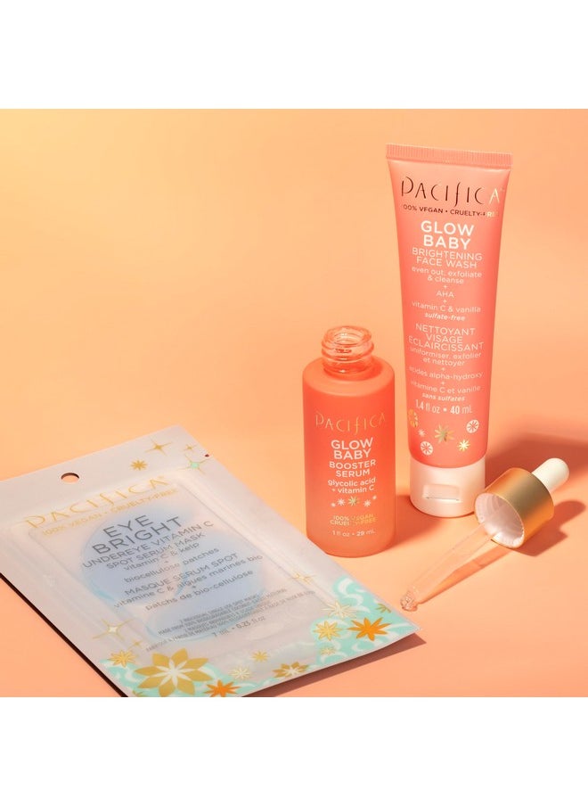 Pacifica Beauty | Glow Baby Vitamin C Trial + Value Kit | 3-Piece Skin Care Gift Set | Travel Friendly | Brightening Face Serum, Face Wash/Cleanser, Under Eye Patches | Glycolic Acid, AHA | Vegan