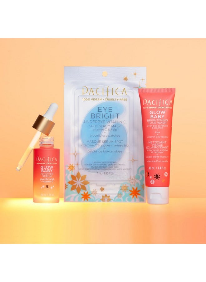 Pacifica Beauty | Glow Baby Vitamin C Trial + Value Kit | 3-Piece Skin Care Gift Set | Travel Friendly | Brightening Face Serum, Face Wash/Cleanser, Under Eye Patches | Glycolic Acid, AHA | Vegan