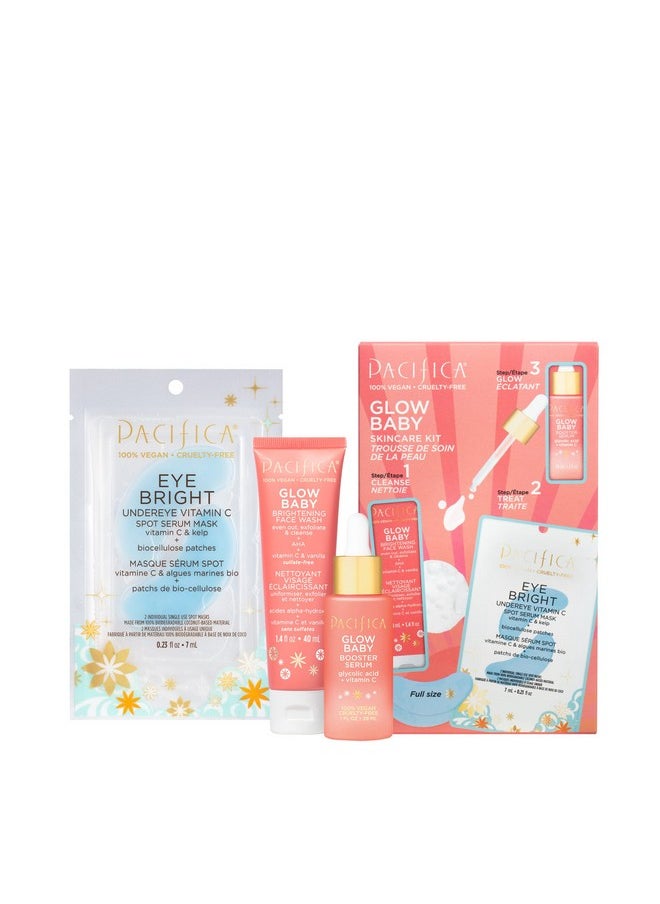 Pacifica Beauty | Glow Baby Vitamin C Trial + Value Kit | 3-Piece Skin Care Gift Set | Travel Friendly | Brightening Face Serum, Face Wash/Cleanser, Under Eye Patches | Glycolic Acid, AHA | Vegan
