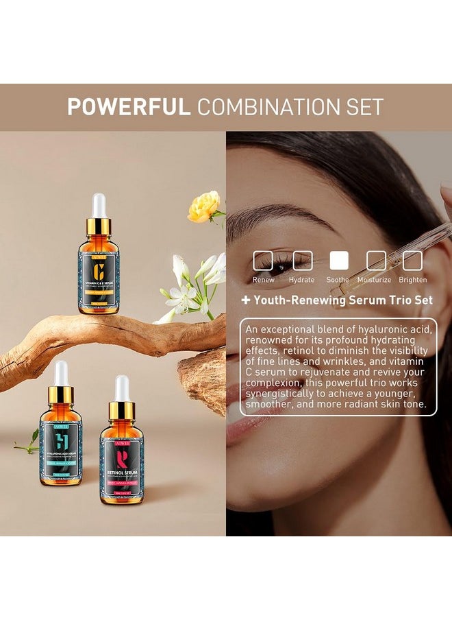 Aiwei Face Serum Set - Includes Vitamin C Serum, Retinol Serum & Hyaluronic Acid Serum - Improve Skin Texture, Glow & Hydration - Day and Night Serums for All Skin Types