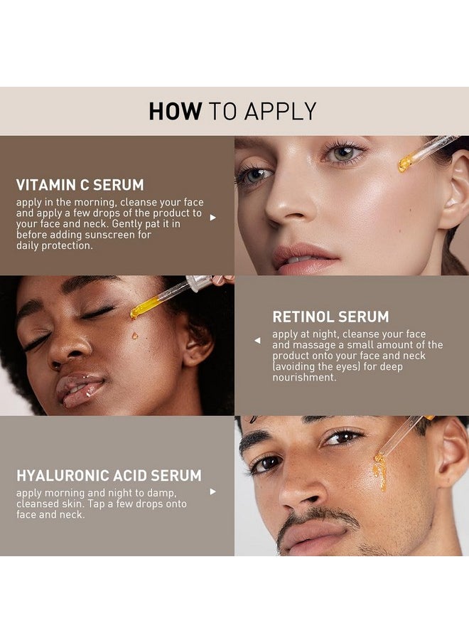 Aiwei Face Serum Set - Includes Vitamin C Serum, Retinol Serum & Hyaluronic Acid Serum - Improve Skin Texture, Glow & Hydration - Day and Night Serums for All Skin Types