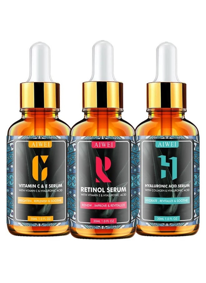 Aiwei Face Serum Set - Includes Vitamin C Serum, Retinol Serum & Hyaluronic Acid Serum - Improve Skin Texture, Glow & Hydration - Day and Night Serums for All Skin Types