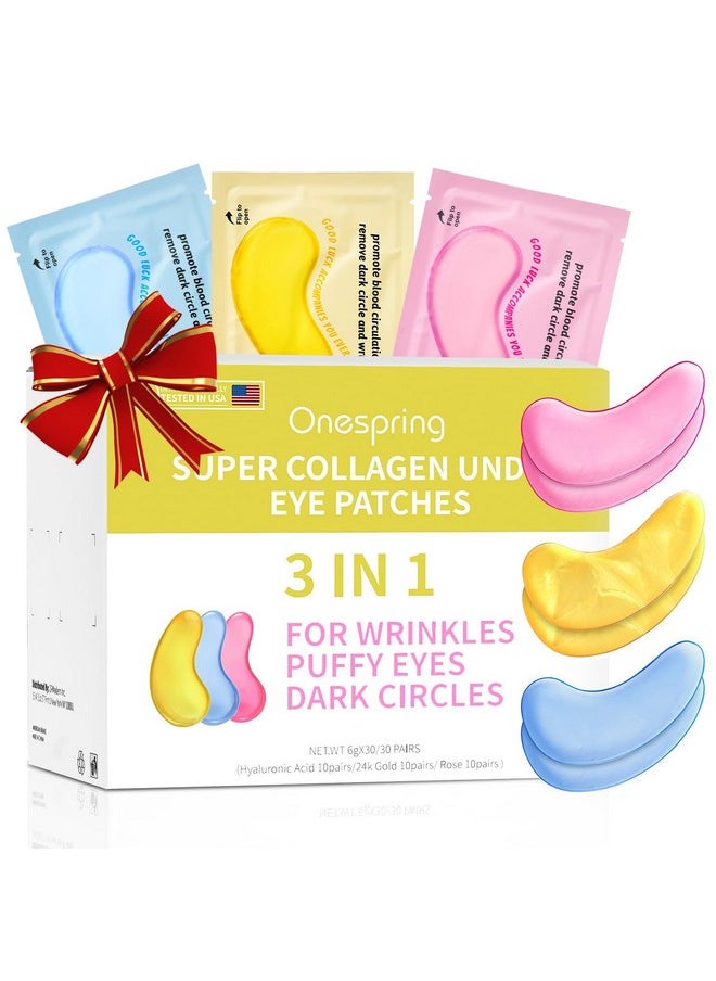 Onespring Under Eye Patches (30 Pairs) 24K Gold Eye Mask and Hyaluronic Acid Eye Patches for Puffy Eyes, Rose Eye Masks for Dark Circles, Puffiness, Eye Bag, Wrinkles - Under Eye Skin Care