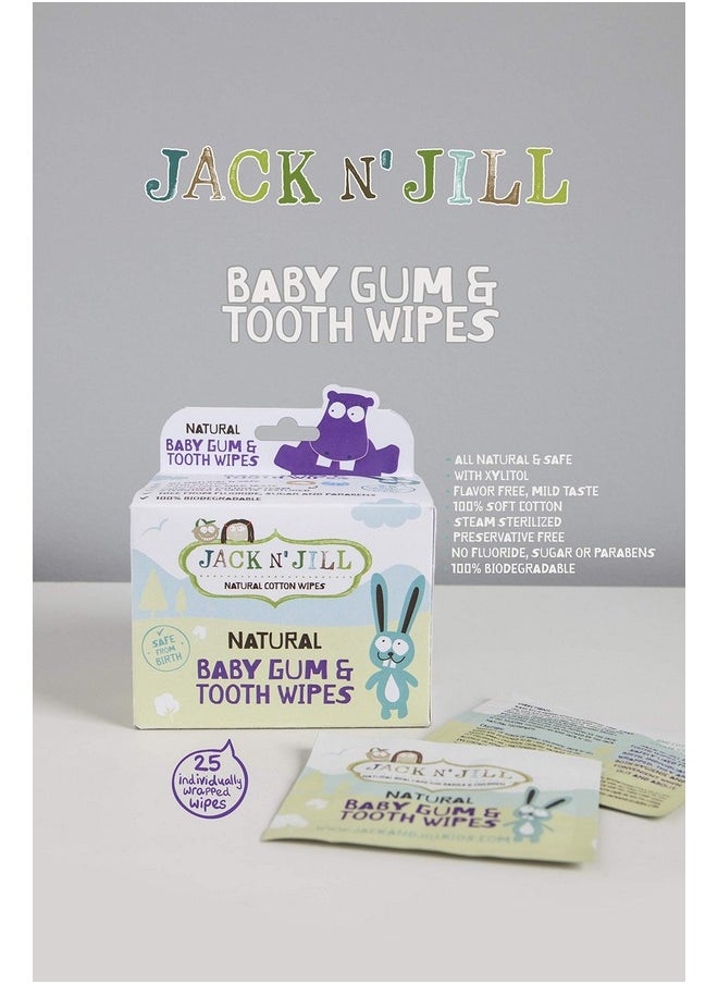 Jack N' Jill Baby Gum & Tooth Wipes - Natural & Safe, Contains only Water & Xylitol, Soft Cotton, Free from Fluoride & Sugar, Baby Mouth Wipes - 25 Individually Wrapped Wipes