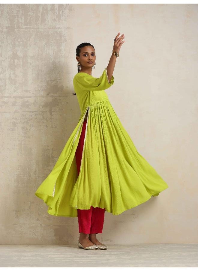 Lime Crinkle Anarkali Flared Kurta Set