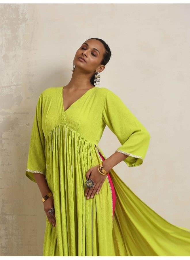 Lime Crinkle Anarkali Flared Kurta Set