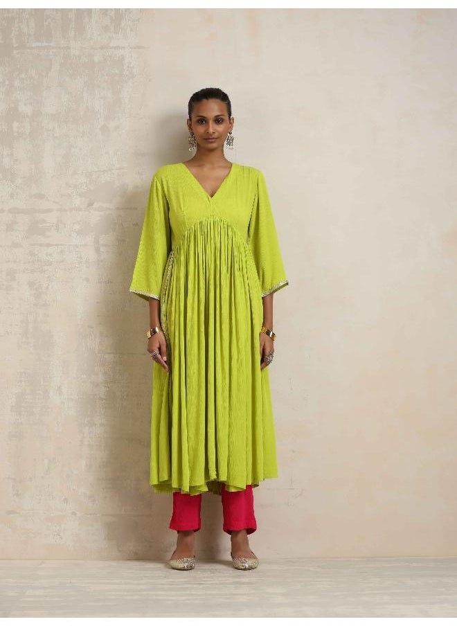 Lime Crinkle Anarkali Flared Kurta Set