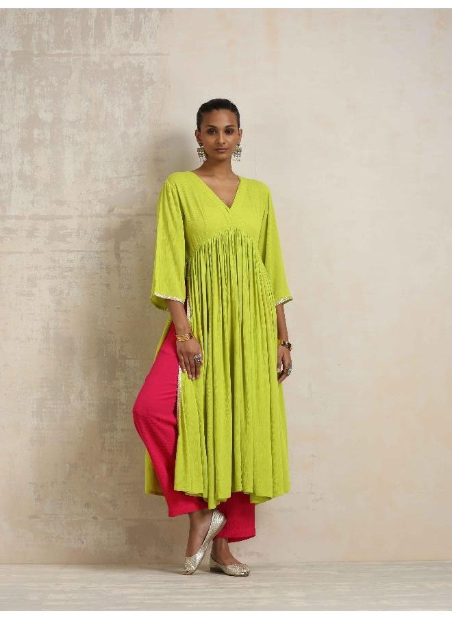 Lime Crinkle Anarkali Flared Kurta Set