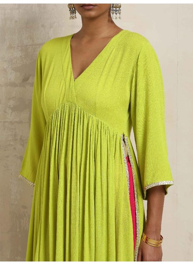 Lime Crinkle Anarkali Flared Kurta Set