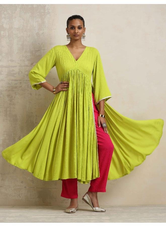 Lime Crinkle Anarkali Flared Kurta Set