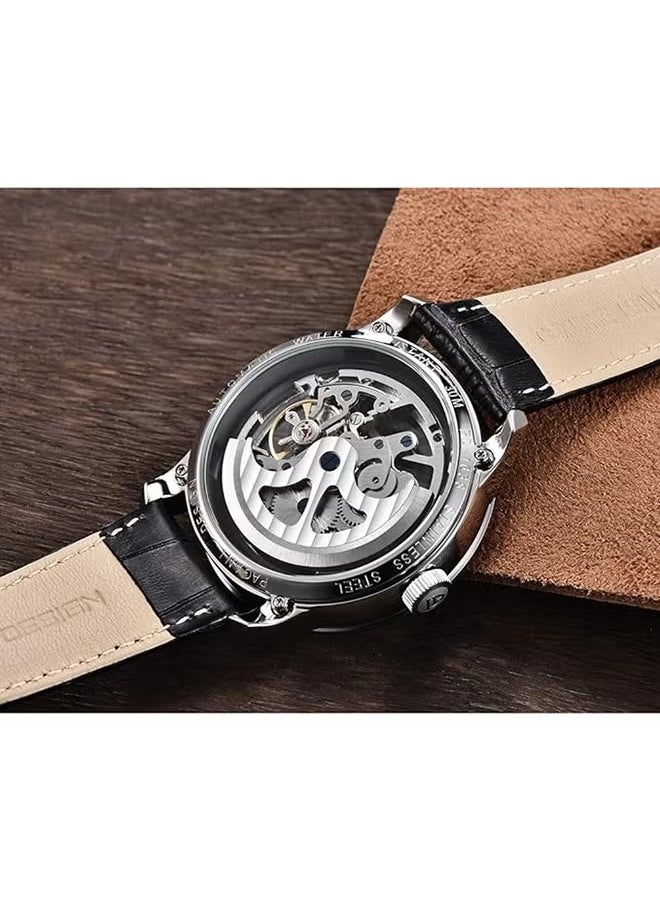 Men's Automatic Mechanical Watch, Stainless Steel Frame, Waterproof, Automatic Winding, Dark Blue Leather Strap, Fashionable And Casual