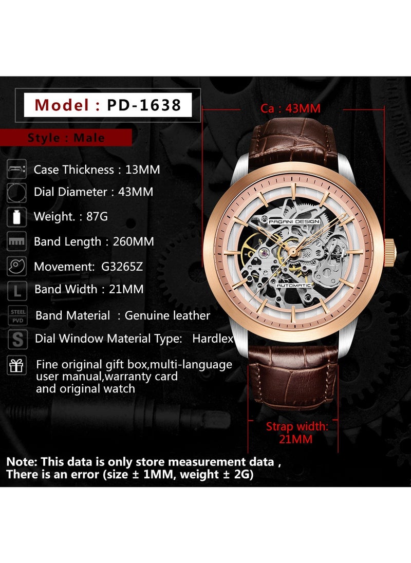 Men's Automatic Mechanical Watch, Stainless Steel Frame, Waterproof, Automatic Winding, Dark Blue Leather Strap, Fashionable And Casual