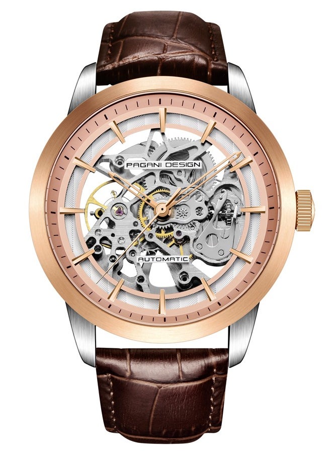 Men's Automatic Mechanical Watch, Stainless Steel Frame, Waterproof, Automatic Winding, Dark Blue Leather Strap, Fashionable And Casual