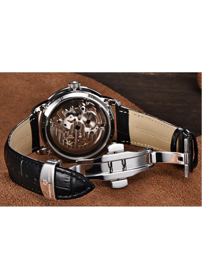 Men's Automatic Mechanical Watch, Stainless Steel Frame, Waterproof, Automatic Winding, Dark Blue Leather Strap, Fashionable And Casual