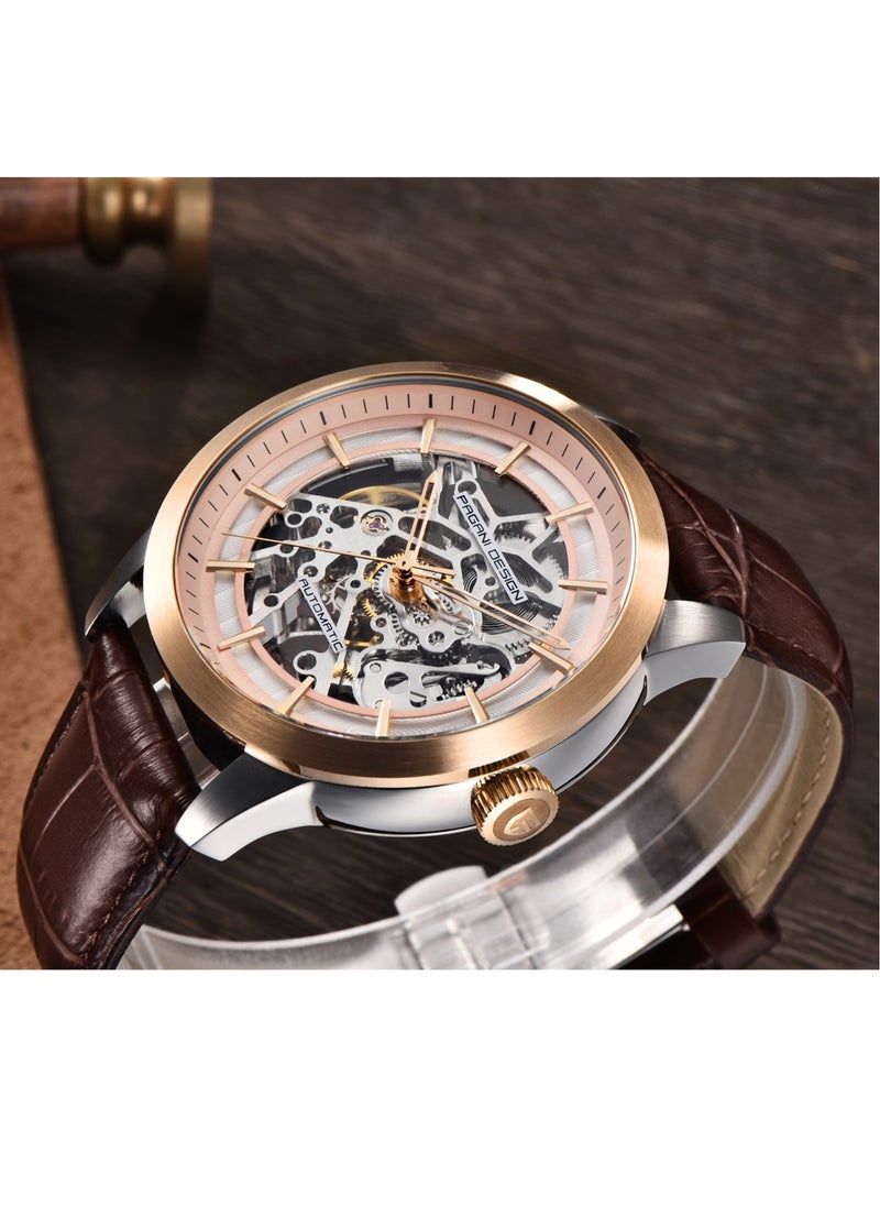 Men's Automatic Mechanical Watch, Stainless Steel Frame, Waterproof, Automatic Winding, Dark Blue Leather Strap, Fashionable And Casual