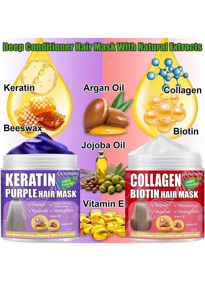 Keratin Hair Treatment-Purple Hair Mask Remove Brassy Yellow for Blonde,Platinum,Bleached Hair & Collagen Hair Mask With Biotin for Dry Damaged Hair,Natural Deep Conditioner with Argan Oil,Jojoba Oil