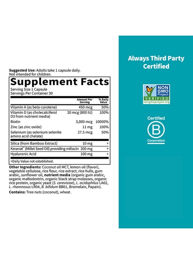 Garden of Life Women Hair Growth Supplement for Thicker Hair with Hyaluronic Acid, Silica, Biotin, Zinc, Selenium, Probiotics + Clinically Studied Keranat - 30 Lemon Capsules, Multivitamin for Men