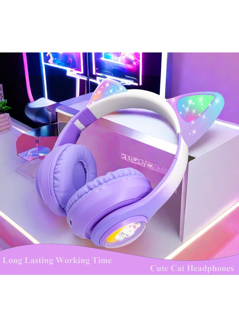 Wireless Kids Headphones with LED Light Up Cat Ears, Colour Changing Over-Ear Bluetooth Headphones with Microphone, Volume Control Foldable Bluetooth Cat Headphones for Kids/Girls/Schools