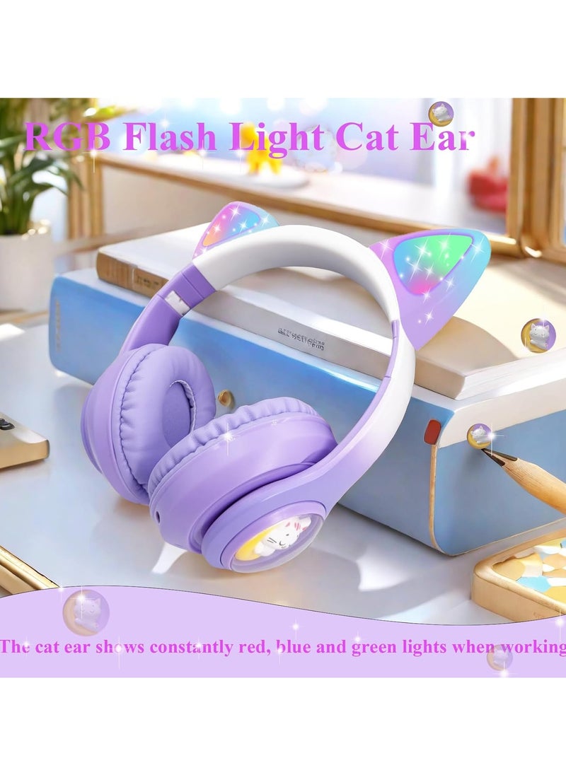Wireless Kids Headphones with LED Light Up Cat Ears, Colour Changing Over-Ear Bluetooth Headphones with Microphone, Volume Control Foldable Bluetooth Cat Headphones for Kids/Girls/Schools