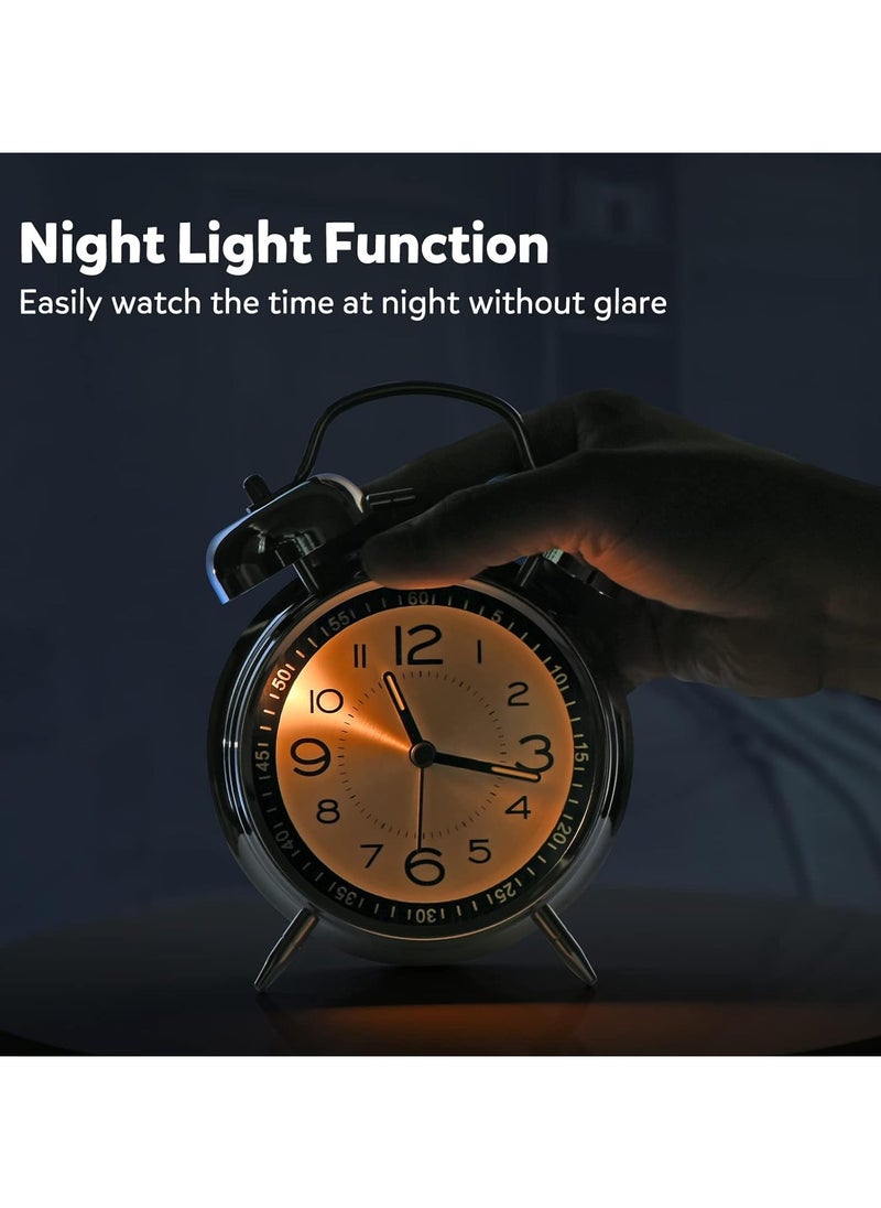 Loud Alarm Clock for Heavy Sleepers Adult, Vintage 4 Inch Silent Non-Ticking Quartz with Backlight, Double Bell Analog Kids Alarm Clock Bedroom Bedside