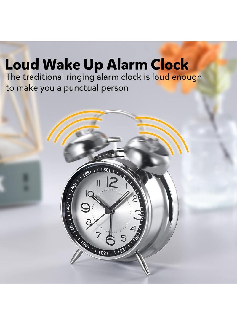 Loud Alarm Clock for Heavy Sleepers Adult, Vintage 4 Inch Silent Non-Ticking Quartz with Backlight, Double Bell Analog Kids Alarm Clock Bedroom Bedside
