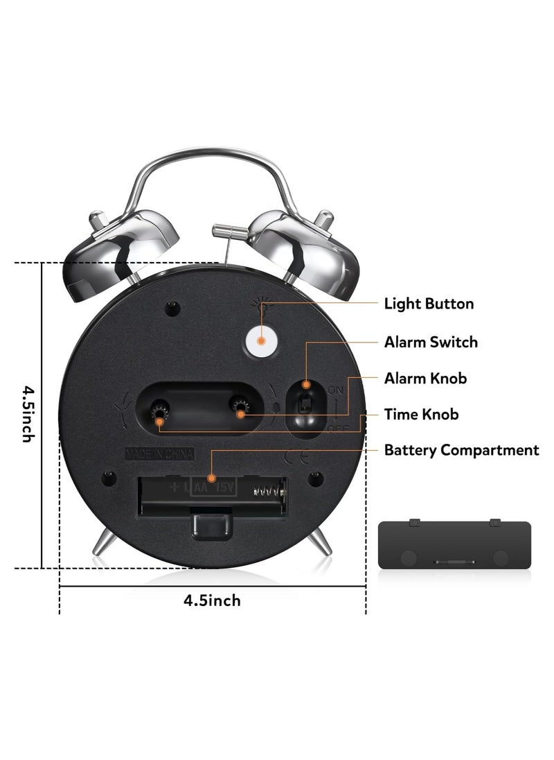 Loud Alarm Clock for Heavy Sleepers Adult, Vintage 4 Inch Silent Non-Ticking Quartz with Backlight, Double Bell Analog Kids Alarm Clock Bedroom Bedside