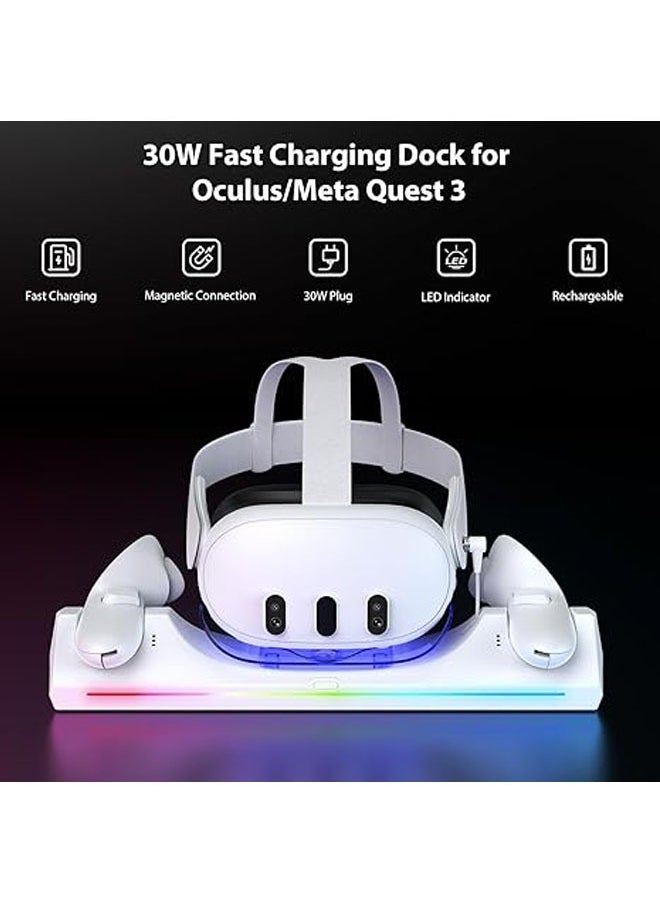 Meta Quest 3 RGB Light Charging Dock, 30W Fast Charging VR Headset Charging Dock for Quest 3 Headset and Controller Charging Station