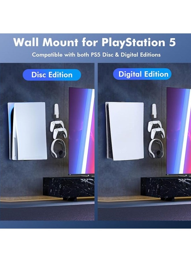 PS5 Wall Mount Playstation 5 Wall Mount Rugged Steel Wall Mount for Playstation 5 Disc and Digital Edition 5-in-1 PS5 Wall Mount Controller Stand Headset Hanger PS5 Accessories