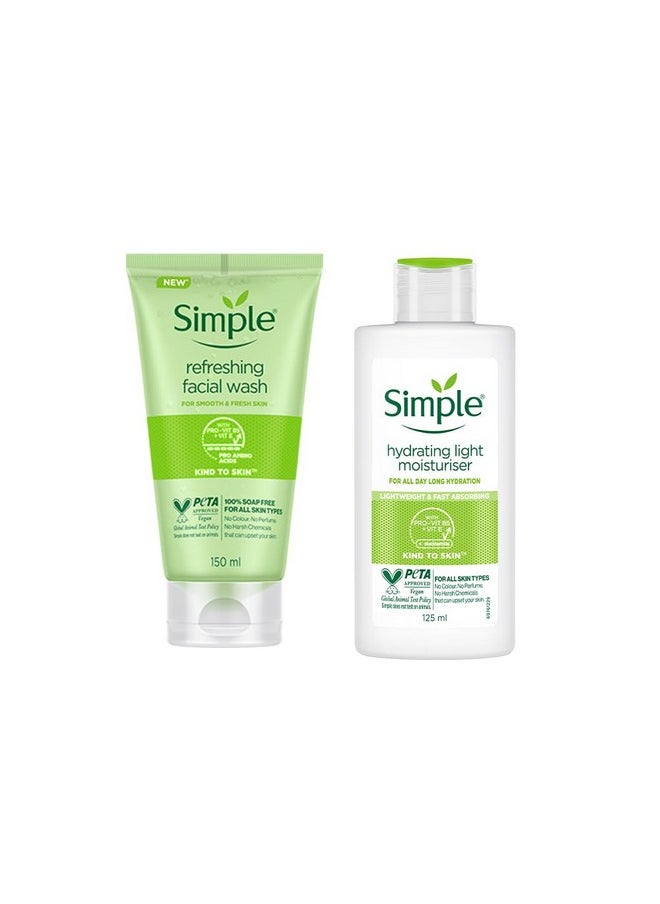 Simple Kind To Skin Refreshing Facial Wash 150 Ml & Hydrating Light Moisturiser| Face Cream for All Skin Types|125 ml