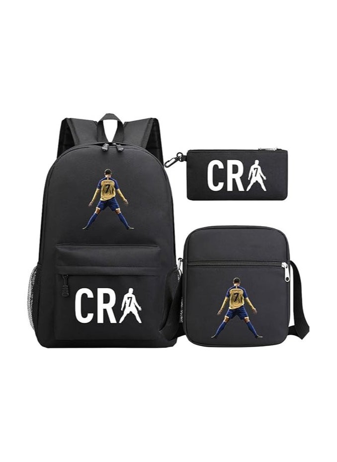 3PCS Backpack Set,CR7# RONALDO Football Backpack,Large Capacity Casual Backpack with Lunch Bag and Pencil case for Boys Girls