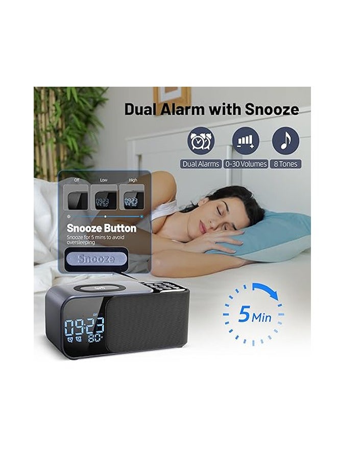 Newest Alarm Clock Radio with Wireless Charging Bluetooth Speaker,Digital Alarm Clock with Adjustable LED Night Light,Dual Alarm,Alarm Clock for Bedroom,Home,Adaptor