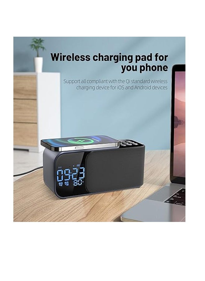 Newest Alarm Clock Radio with Wireless Charging Bluetooth Speaker,Digital Alarm Clock with Adjustable LED Night Light,Dual Alarm,Alarm Clock for Bedroom,Home,Adaptor