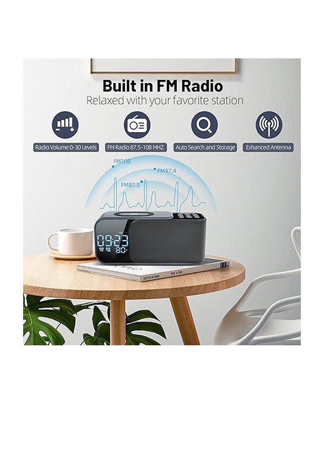 Newest Alarm Clock Radio with Wireless Charging Bluetooth Speaker,Digital Alarm Clock with Adjustable LED Night Light,Dual Alarm,Alarm Clock for Bedroom,Home,Adaptor